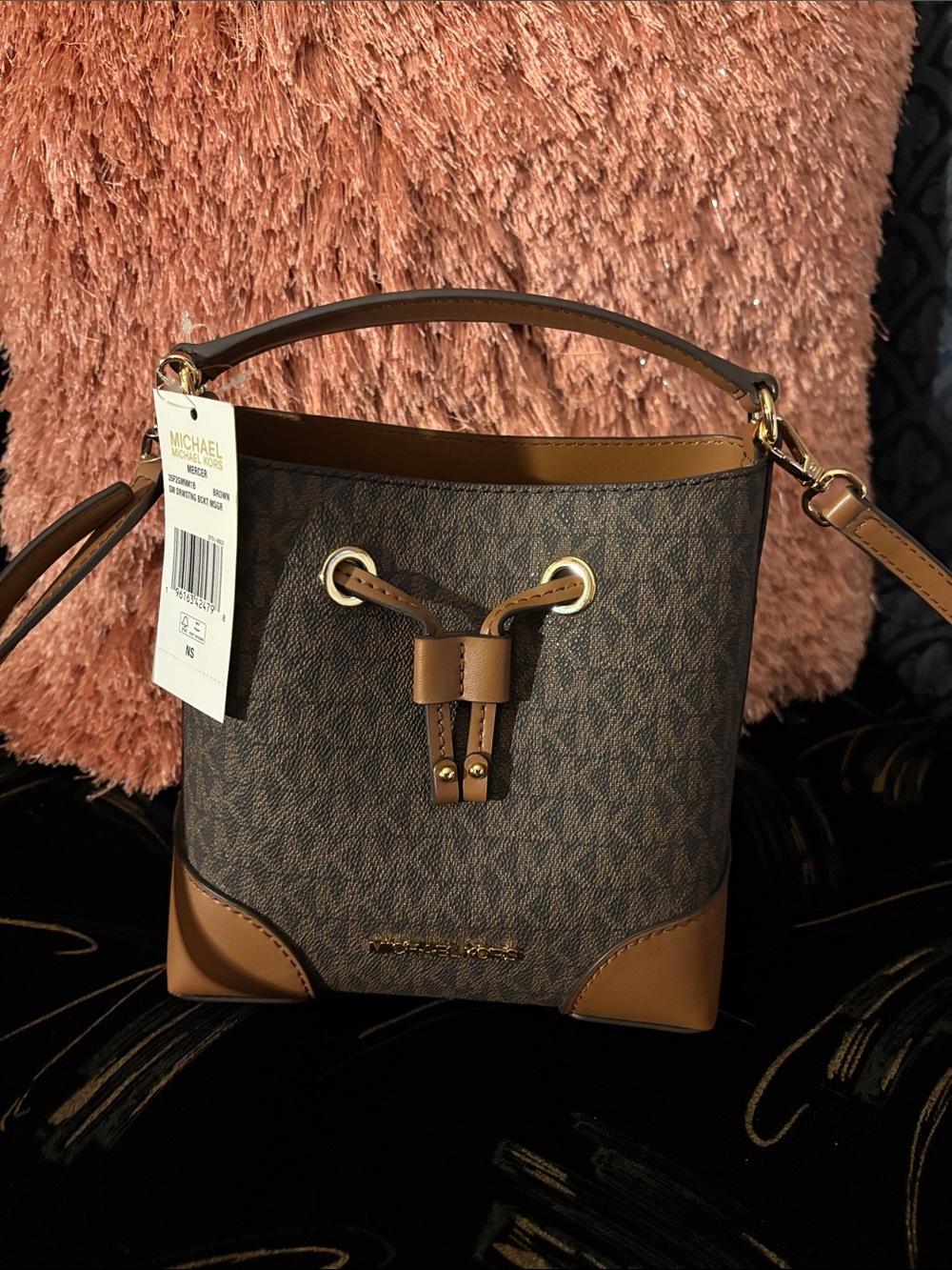 Michael Kors Brown and Tan Signature Drawstring Crossbody